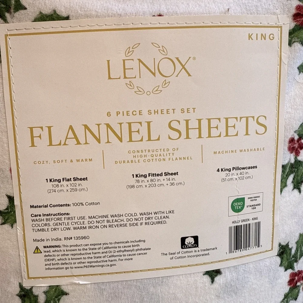 Lenox 6 Piece Flannel Sheet Set KING Holly Green